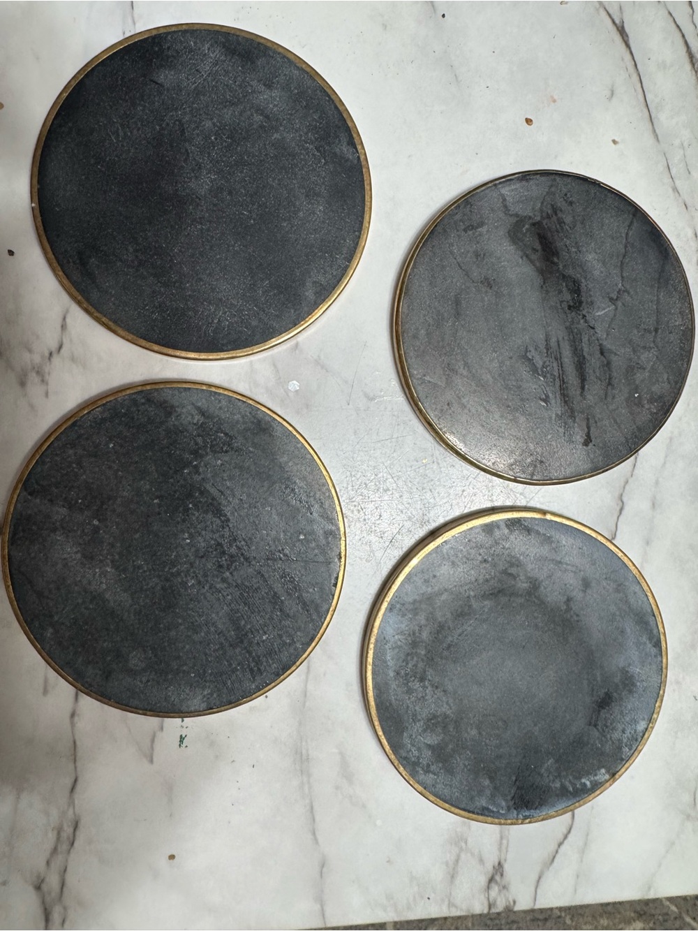 4 Dark Gray Marble Effect Slate Coasters with Gold Rim